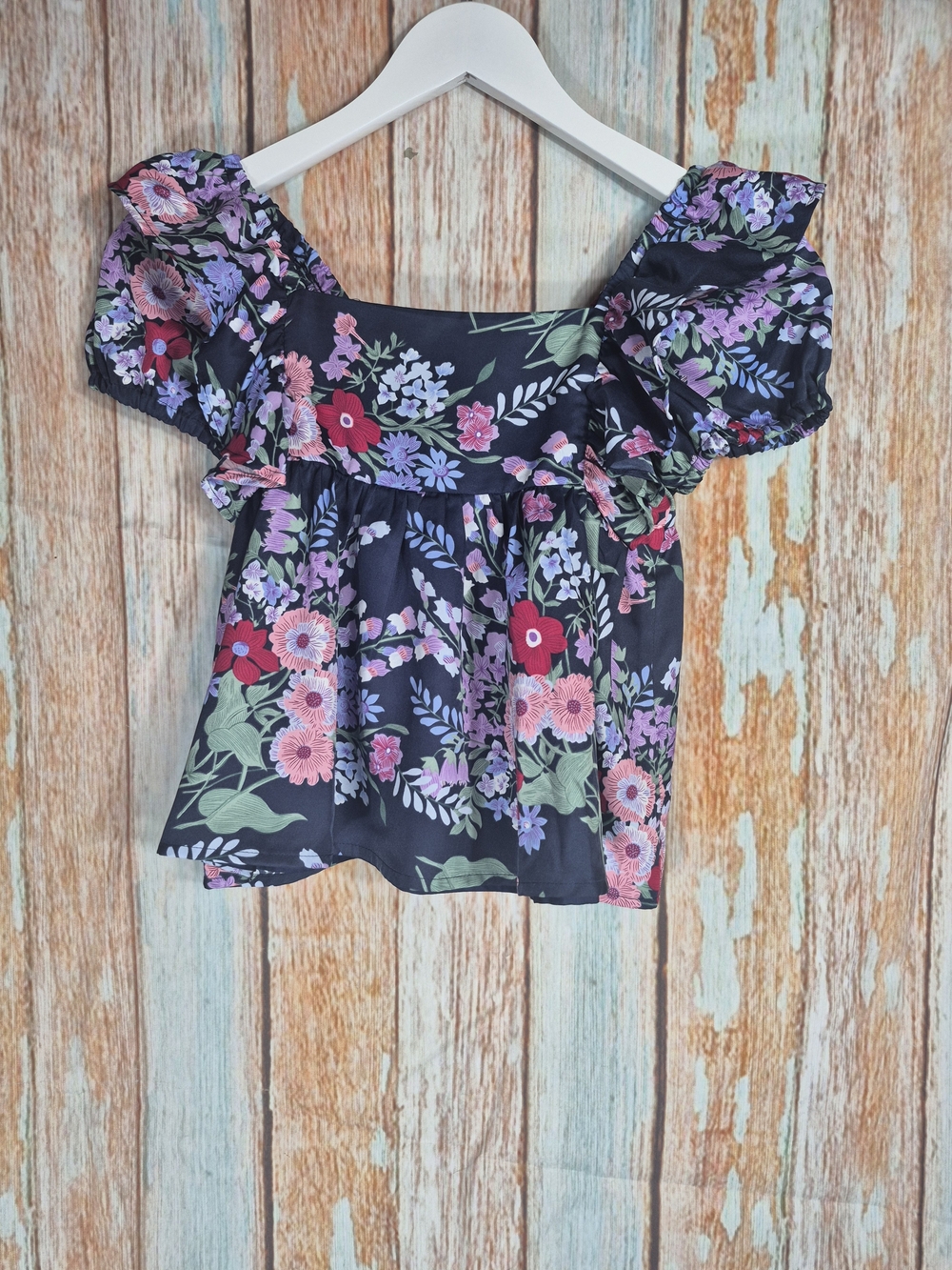 Janie and Jack Black Floral Off-Shoulder Puff Sleeve Top Size 7